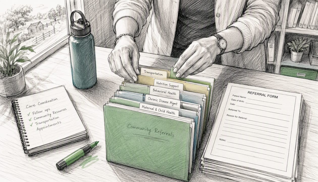 Hands organizing healthcare referral forms