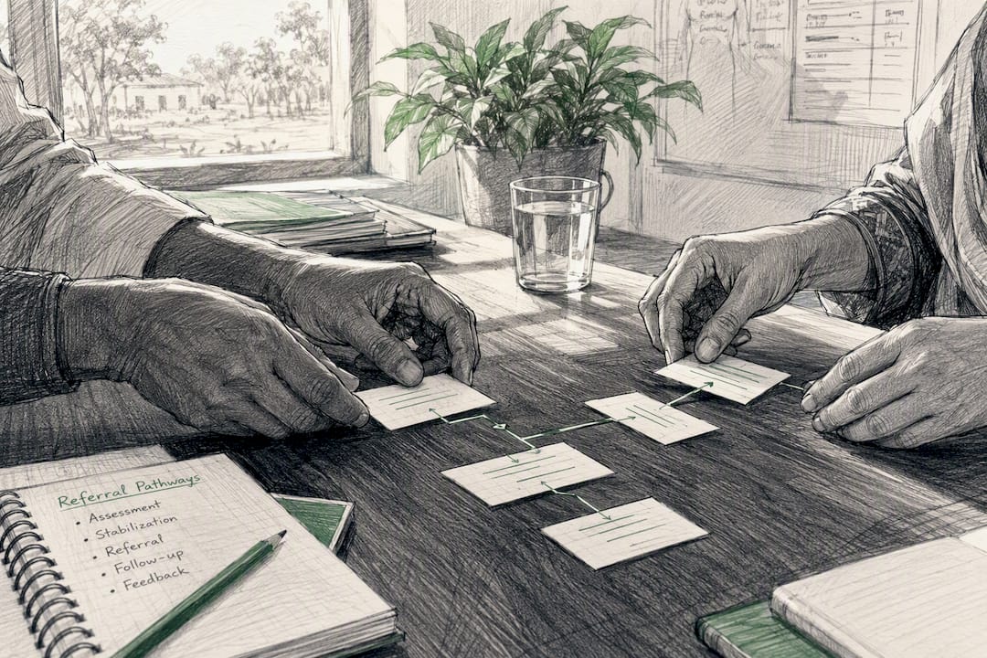 Hands linking referral cards on desk