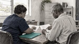 Community partners reviewing an agreement together