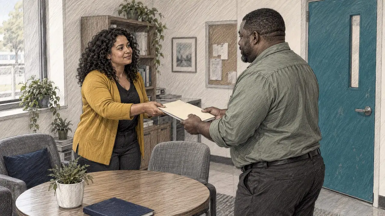 Clinic coordinator hands referral to community partner